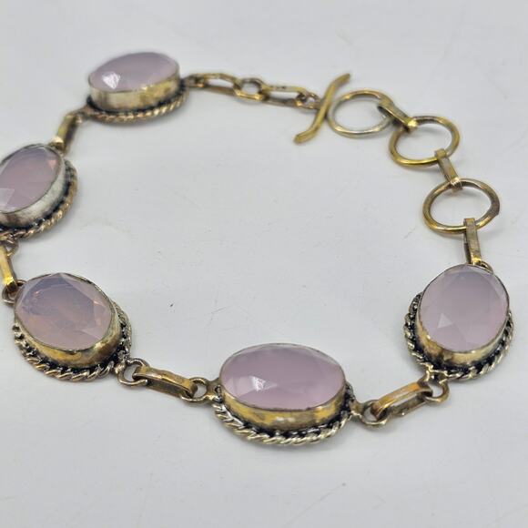 Rose Quartz Gemstone Handmade 925 Sterling Silver Jewelry Bracelet Sz 7-8" - Picture 2 of 6